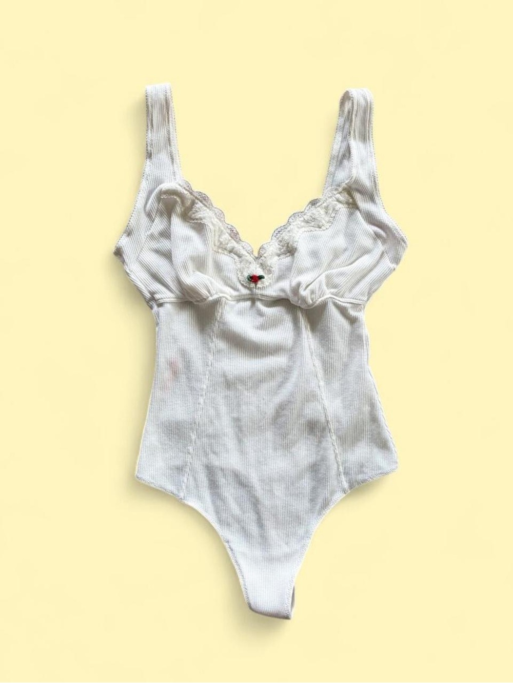 Colsie White Lace-Trim Ribbed Bodysuit with Cherry Accent